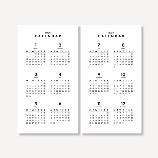 年間カレンダー/ミニマル|2026年1月〜12月