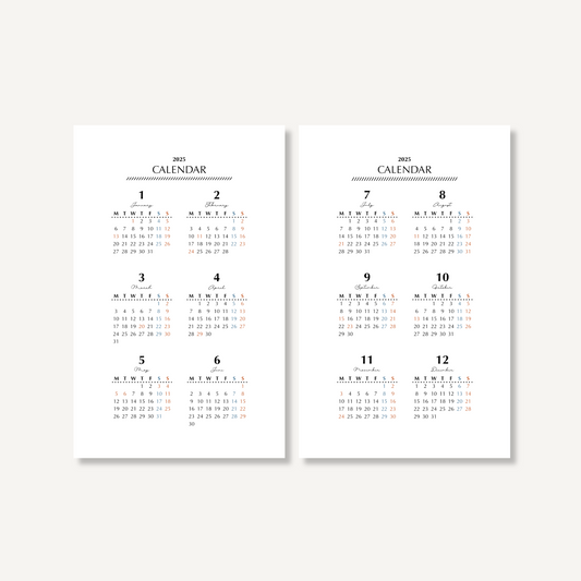 Annual calendar|January to December 2025