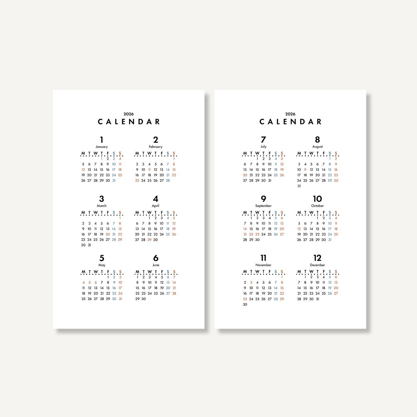 年間カレンダー/スタンダード|2026年1月〜12月