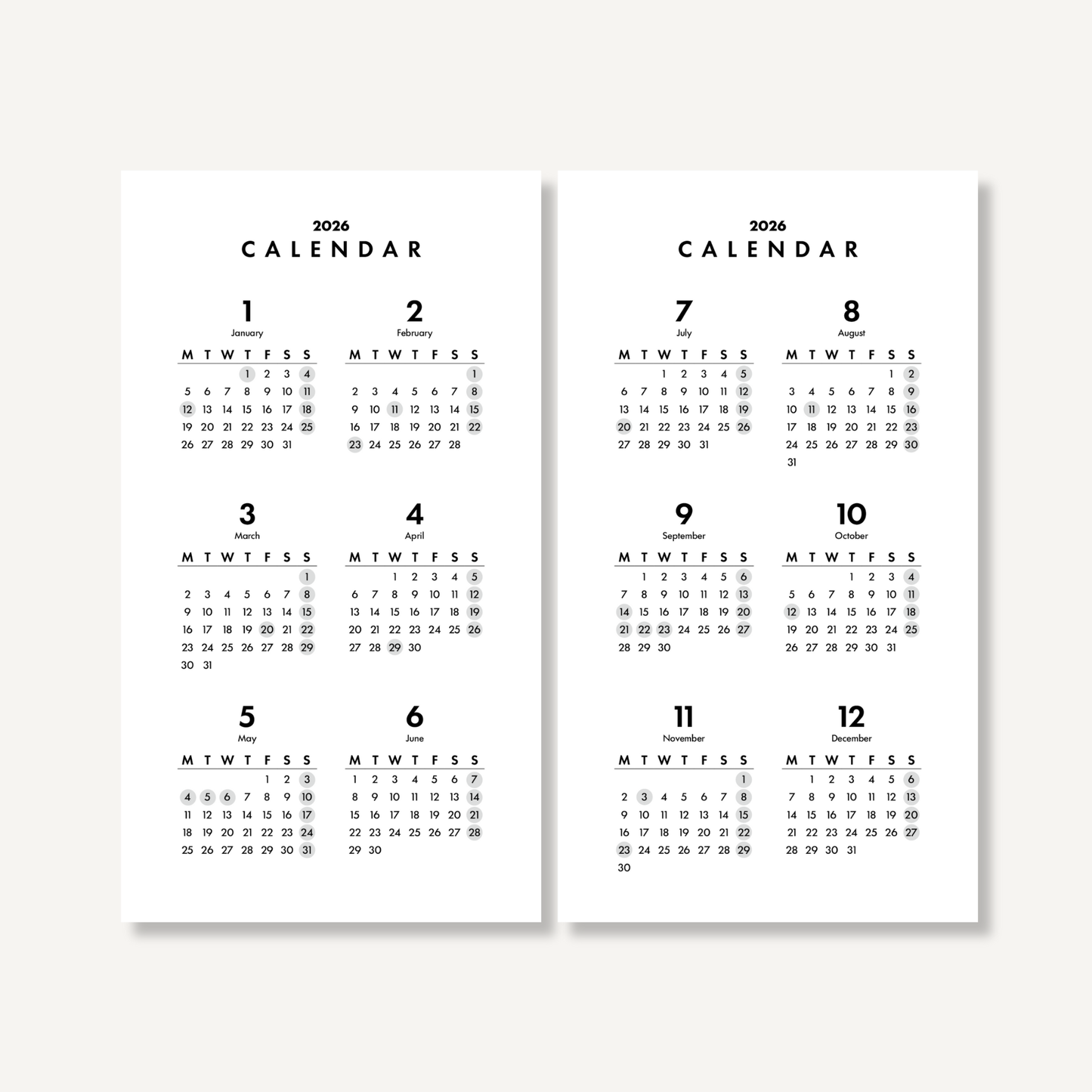 年間カレンダー／ミニマル｜2026年1月〜12月