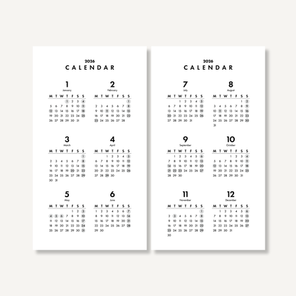 年間カレンダー／ミニマル｜2026年1月〜12月