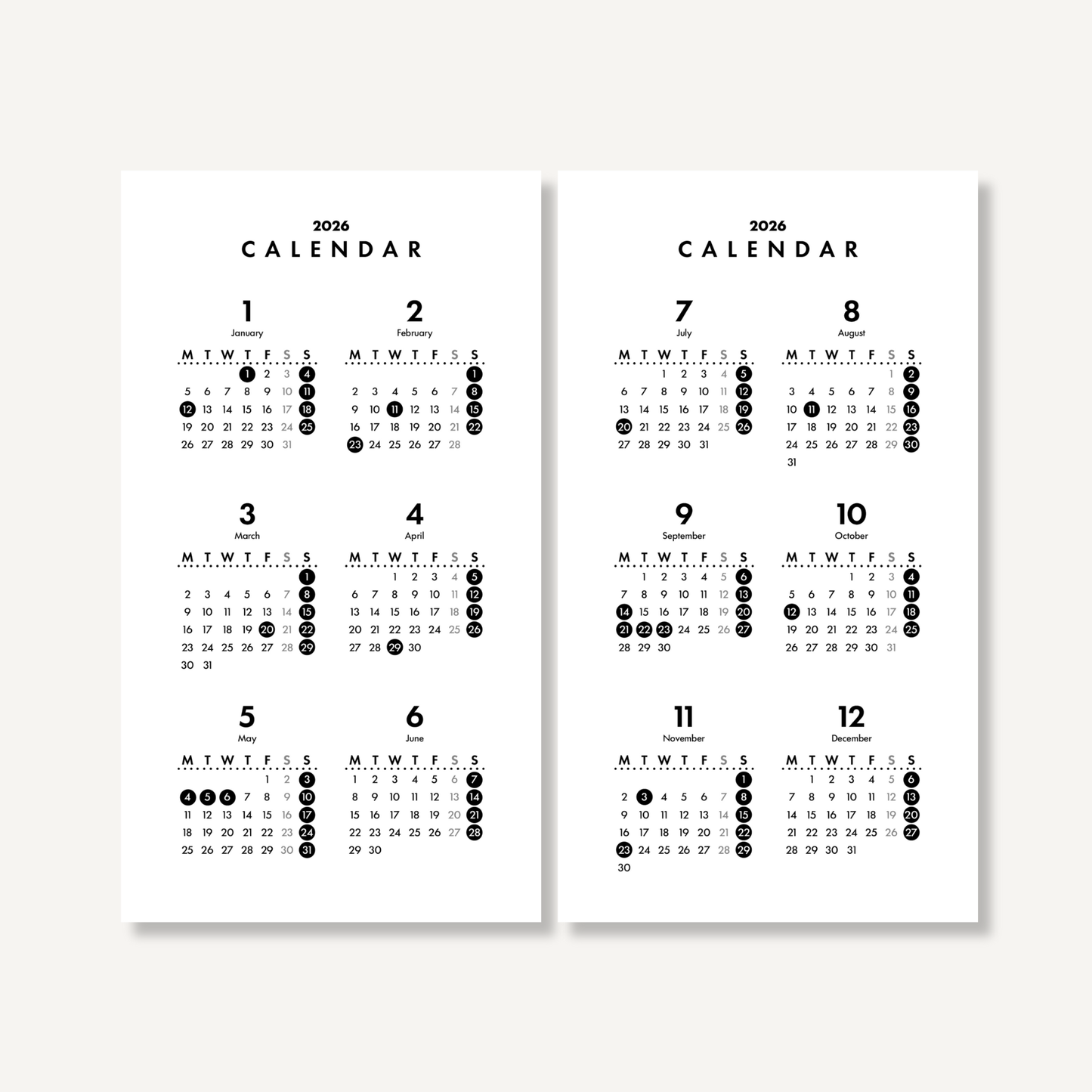 年間カレンダー／モノクロ｜2026年1月〜12月
