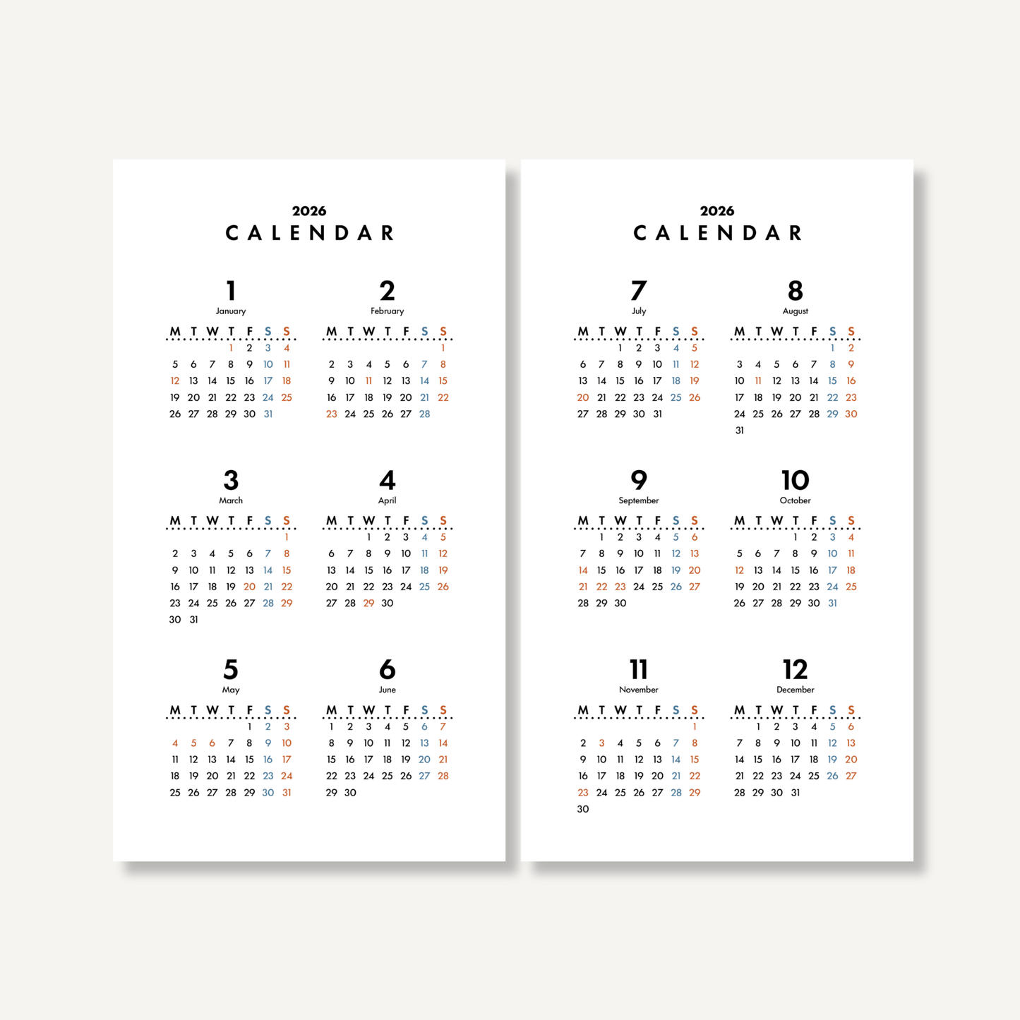 年間カレンダー／スタンダード｜2026年1月〜12月