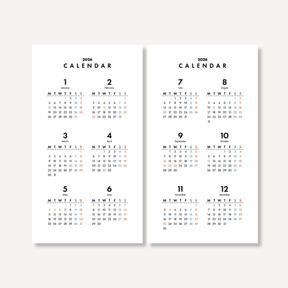 年間カレンダー／スタンダード｜2026年1月〜12月