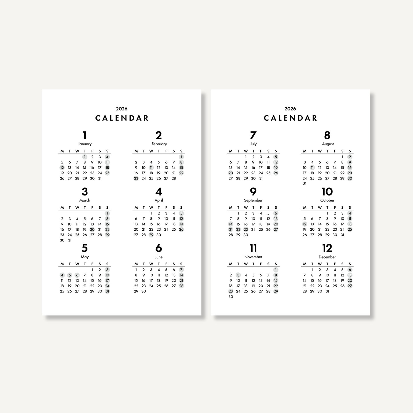 年間カレンダー／ミニマル｜2026年1月〜12月