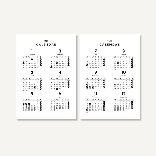 年間カレンダー／モノクロ｜2026年1月〜12月
