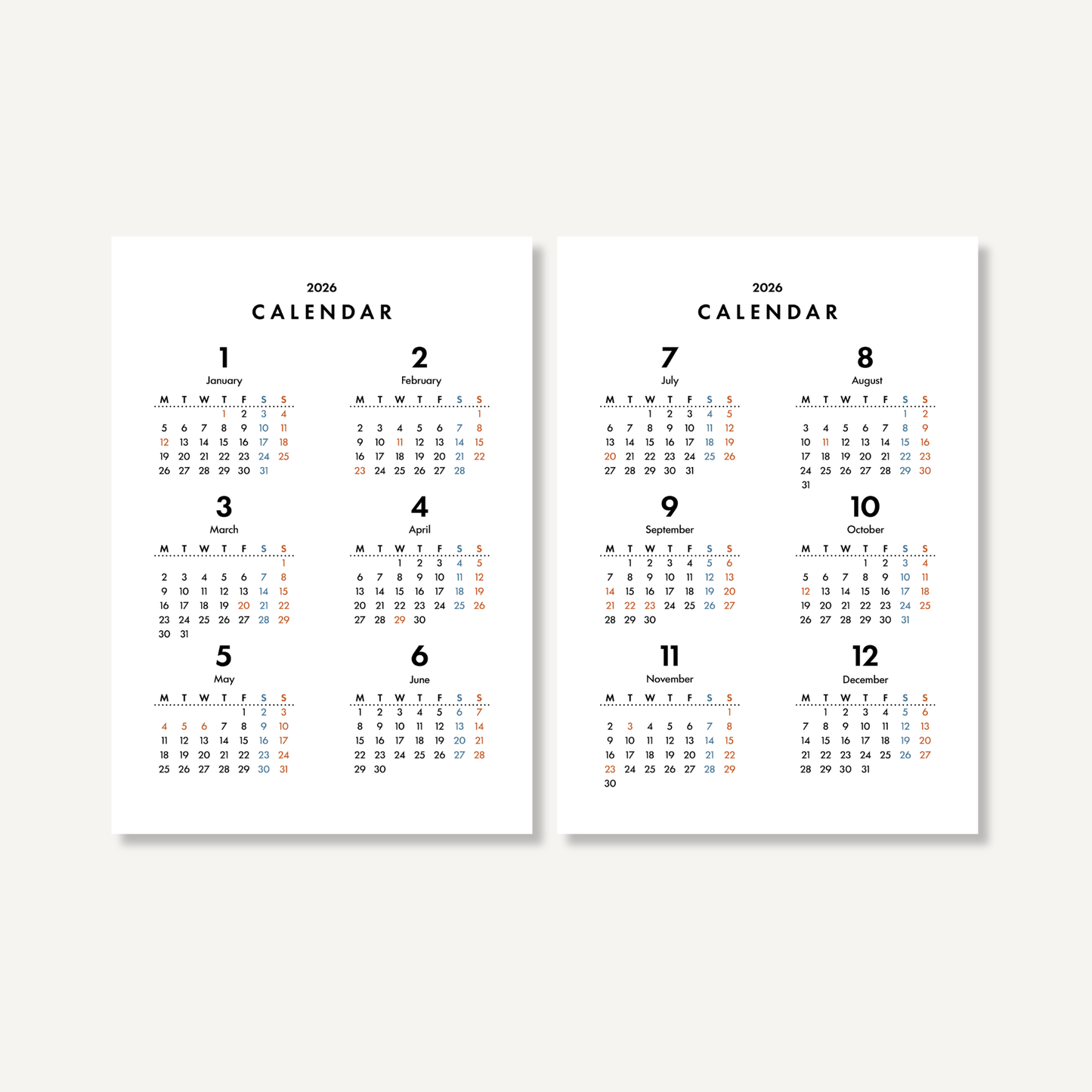 年間カレンダー／スタンダード｜2026年1月〜12月